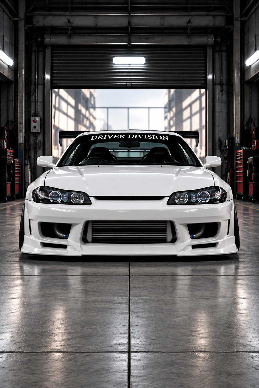 White modified car facing forward in a garage with DRIVER DIVISION across the windscreen
